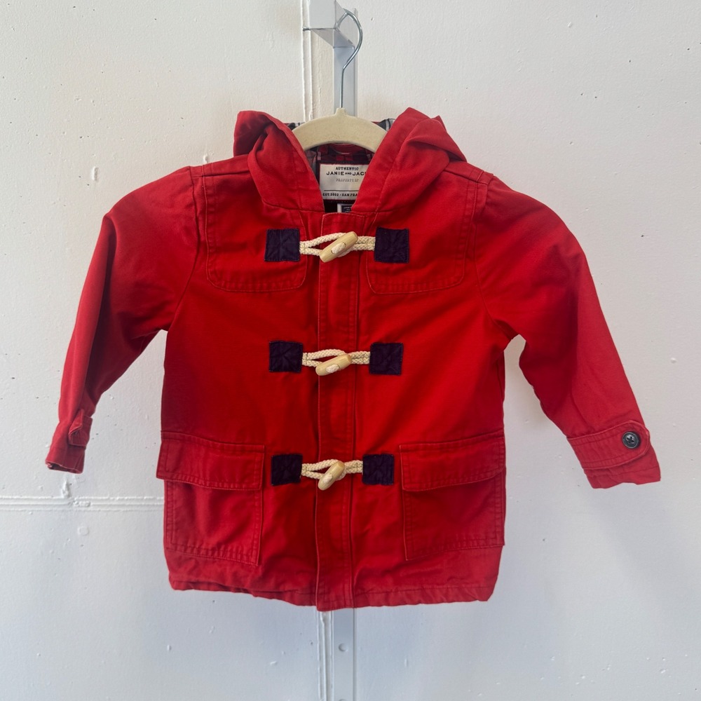 Janie and Jack Red Hooded Duffle Coat Plaid Lined Toggle 18-24 Months Fall